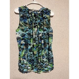Relativity Womens 2X Blue Green Abstract Mesh Pleated Sleeveless Smocked Hem Top
